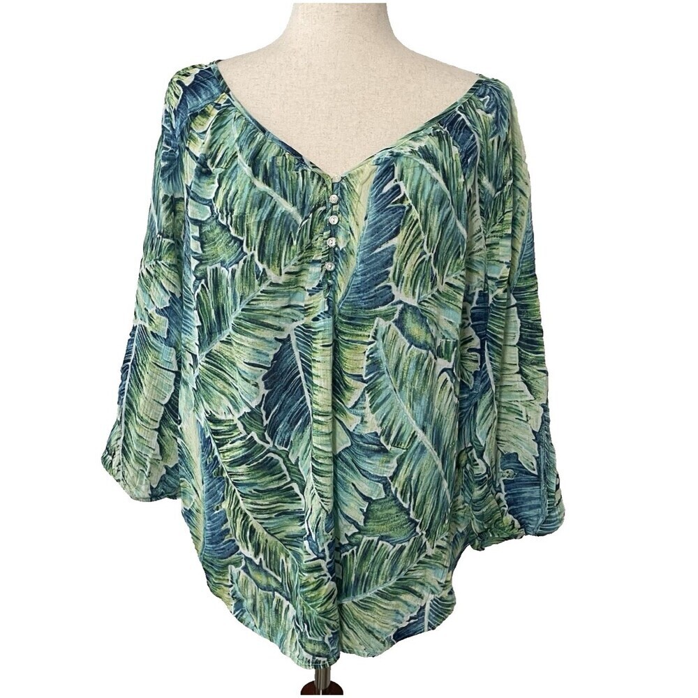 Chaps Shirt Womens 1X Green Blue Tropical Palm Trees Vacation Cruise Wear Travel